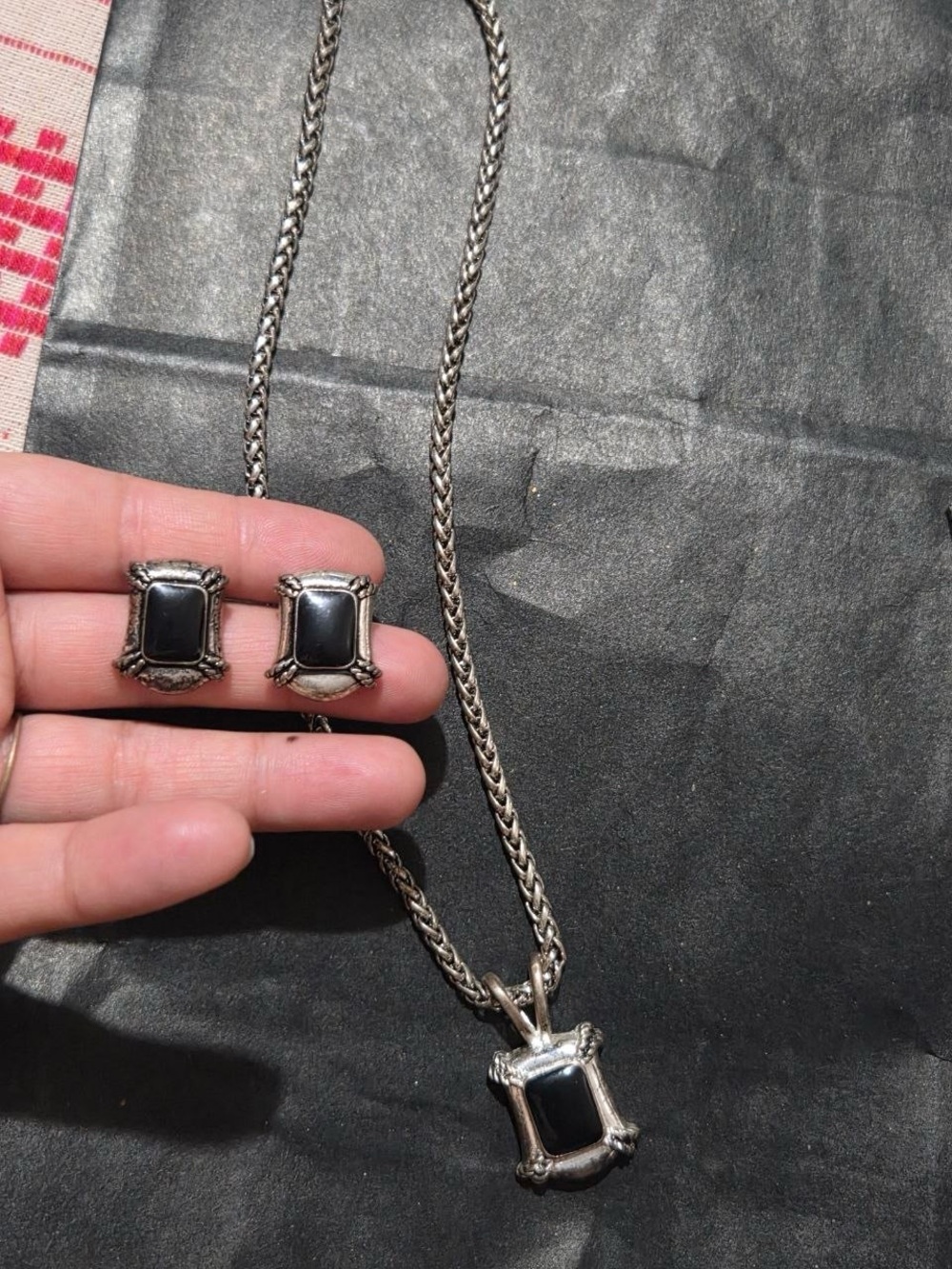 Sterling-Style Black Onyx Square Pendant Necklace and Stud Earrings Set
